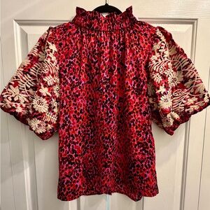 THML Red and Black Floral Embroidered Button Back Blouse